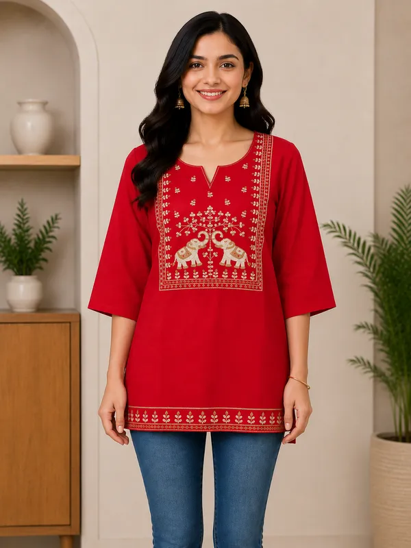 Red_Cotton_Embroidered_Short_Kurti_For_Women