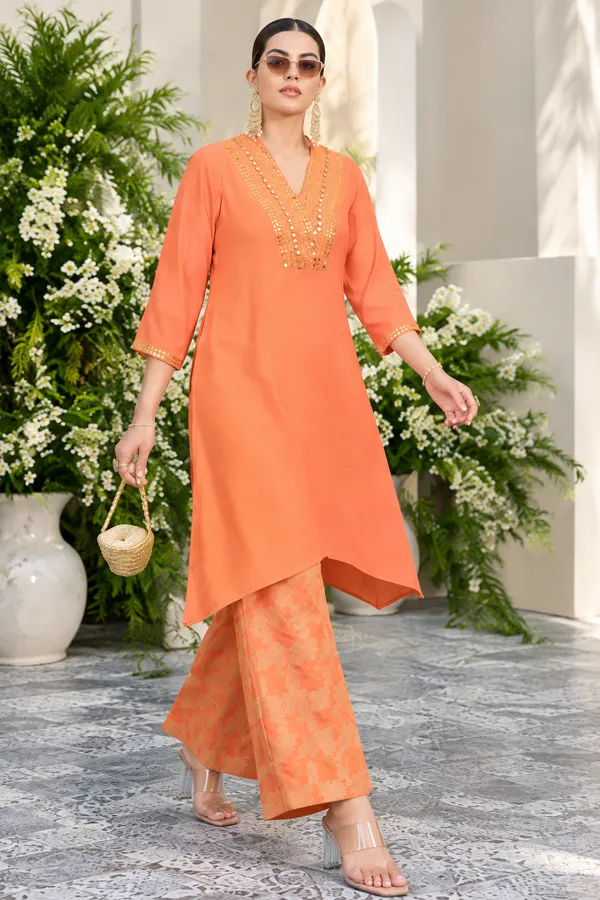 Orange_Embroidered_Kurta_Palazzo_Set_For_Women