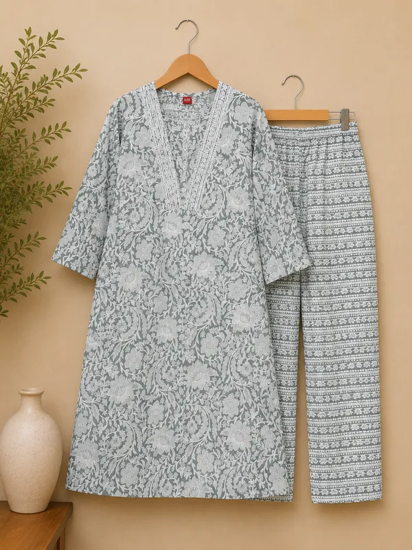 Grey_Cotton_Floral_Print_Kurta_Pyjama_Set_For_Women
