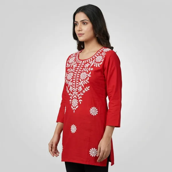 Red_Cotton_Embroidered_Short_Kurti_For_Women