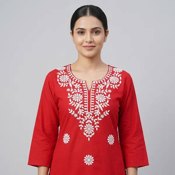 Red_Cotton_Embroidered_Short_Kurti_For_Women