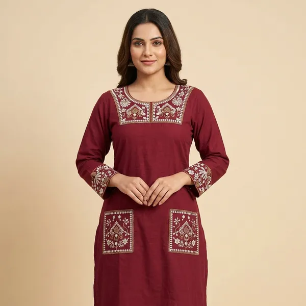 Maroon_Cotton_Embroidered_Short_Kurti_For_Women