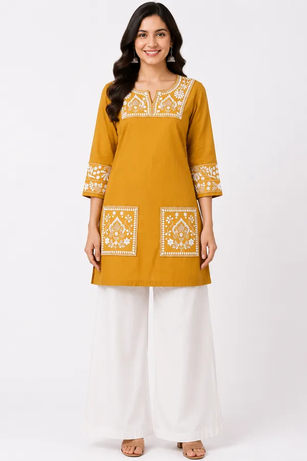 Mustard_Yellow_Cotton_Embroidered_Short_Kurti_For_Women