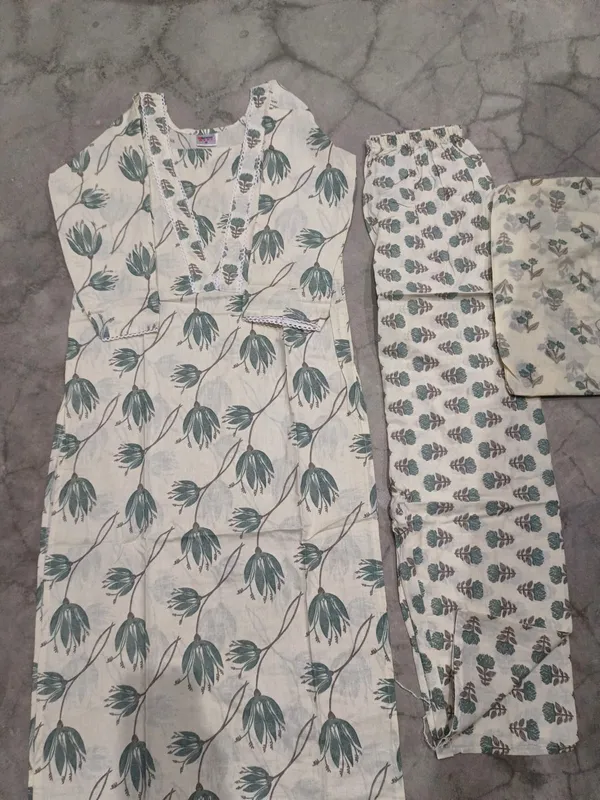 White_Blue_Cotton_Floral_Print_Kurta_Pant_Set_For_Women