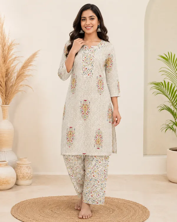 Beige_Cotton_Floral_Printed_Kurta_Set_For_Women