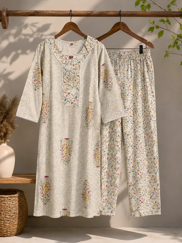 Beige_Cotton_Floral_Printed_Kurta_Set_For_Women