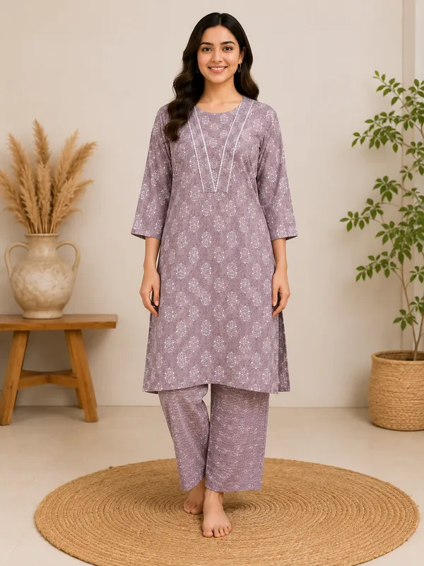 Lavender_Cotton_Block_Print_Kurta_Set_For_Women