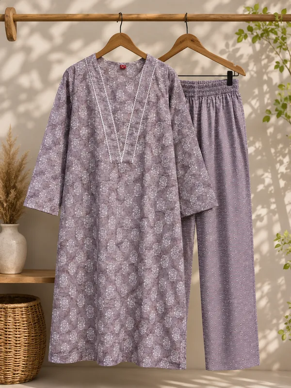 Lavender_Cotton_Block_Print_Kurta_Set_For_Women