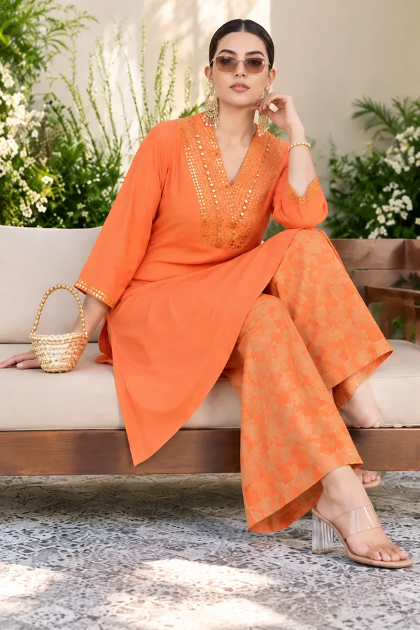 Orange_Embroidered_Kurta_Palazzo_Set_For_Women