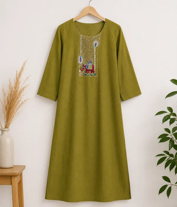 Olive_Green_Cotton_Embellished_Kurta_For_Women