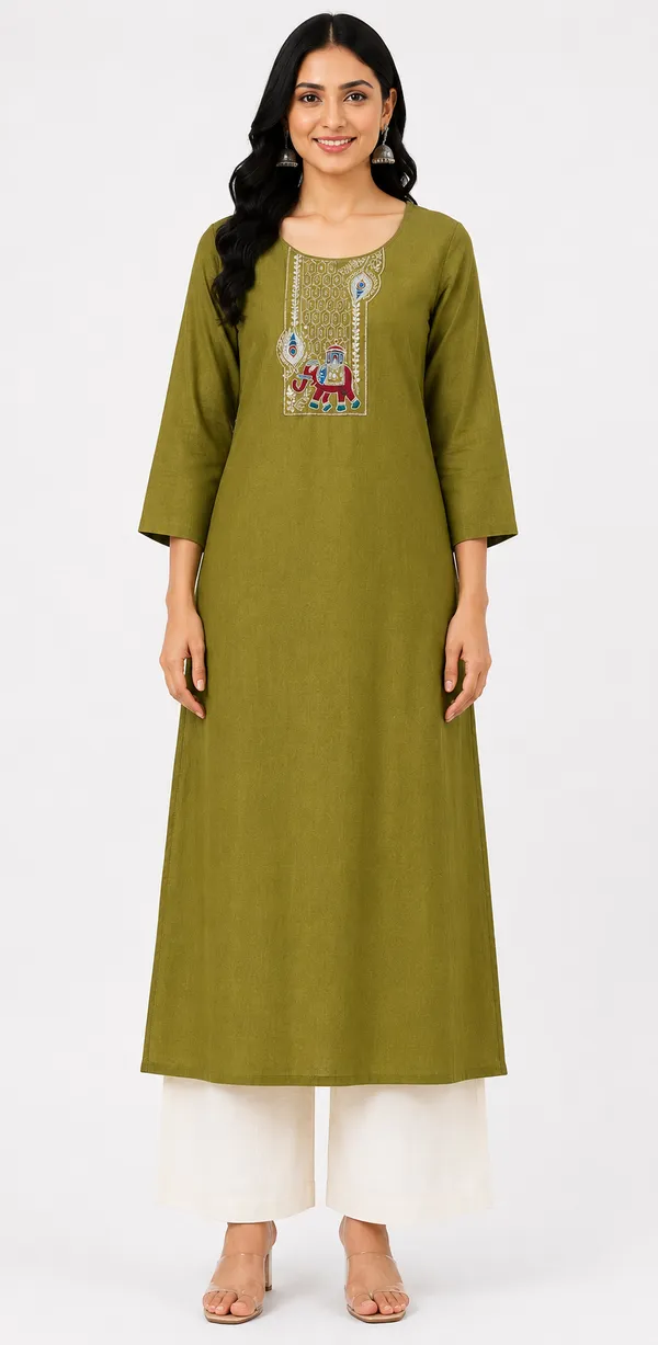 Olive_Green_Cotton_Embellished_Kurta_For_Women