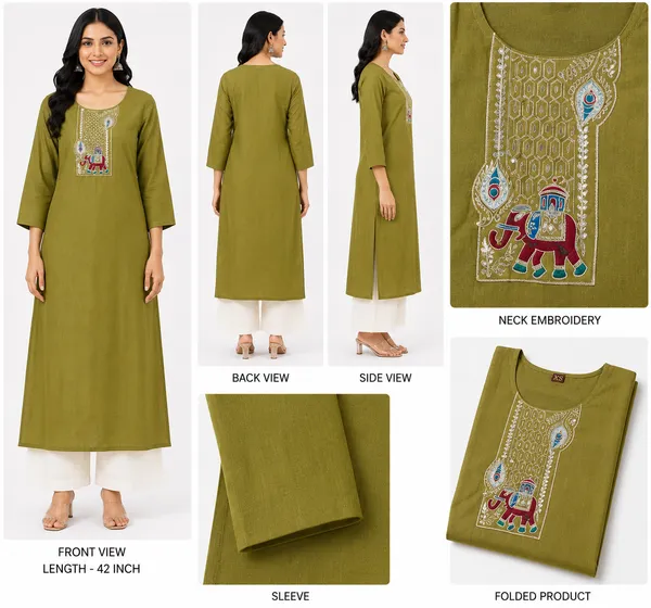Olive_Green_Cotton_Embellished_Kurta_For_Women