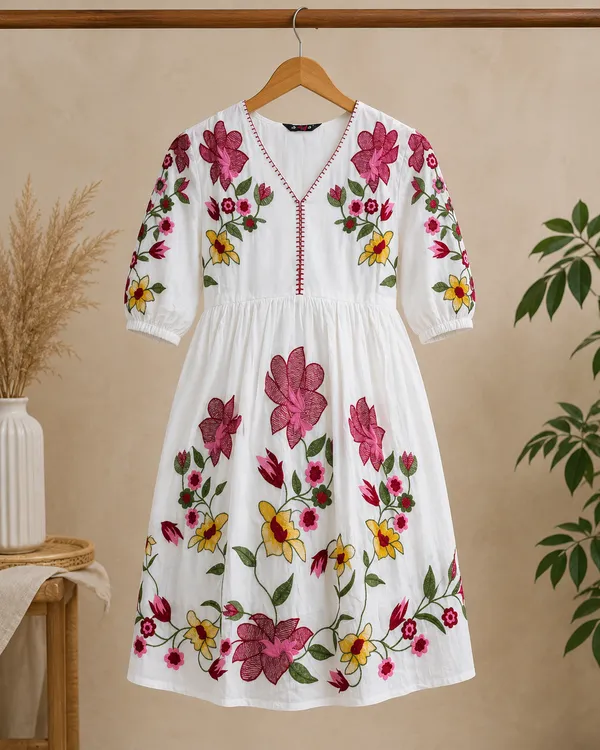 White_Cotton_Floral_Embroidered_Mini_Dress_For_Women