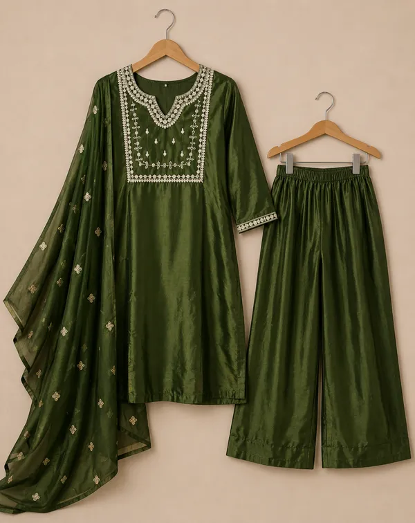 Dark_Green_Cotton_Silk_Embroidered_Kurta_Set_For_Women