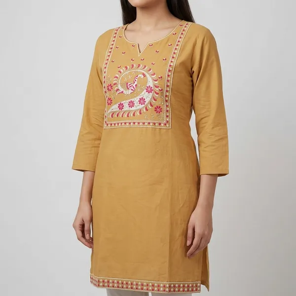 Beige_Cotton_Embroidered_Short_Kurti_For_Women