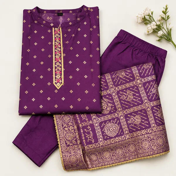 Purple_Banarsi_Silk_Kurta_Pant_Dupatta_Set_for_Women