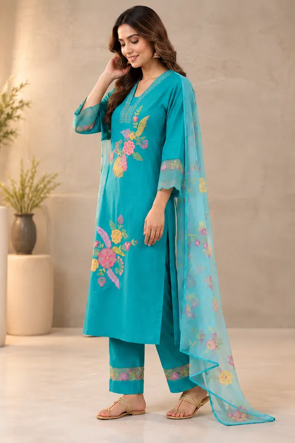 Teal_Embroidered_Straight_Kurta_Set_For_Women