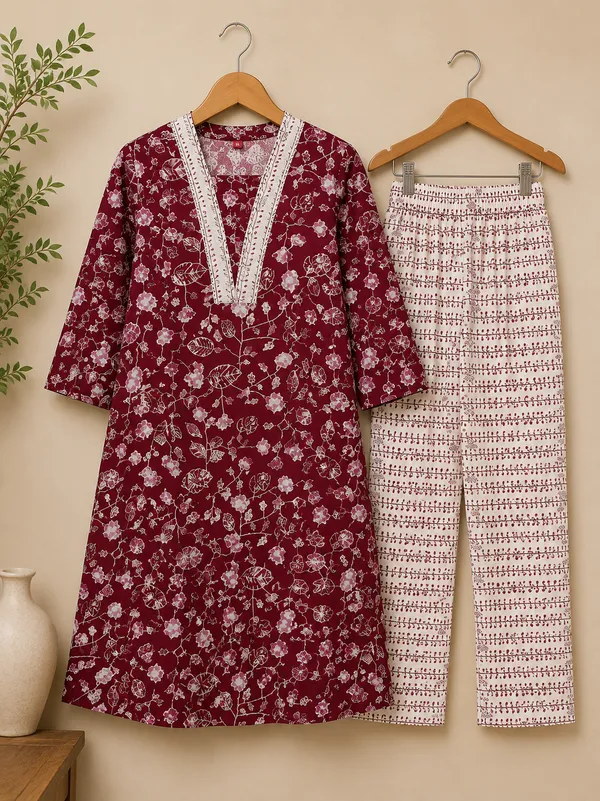 Maroon_White_Cotton_Floral_Print_Kurta_With_Pyjama_Set_For_Women
