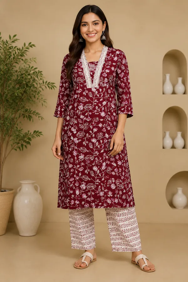 Maroon_White_Cotton_Floral_Print_Kurta_With_Pyjama_Set_For_Women