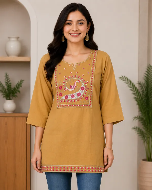 Beige_Cotton_Embroidered_Short_Kurti_For_Women