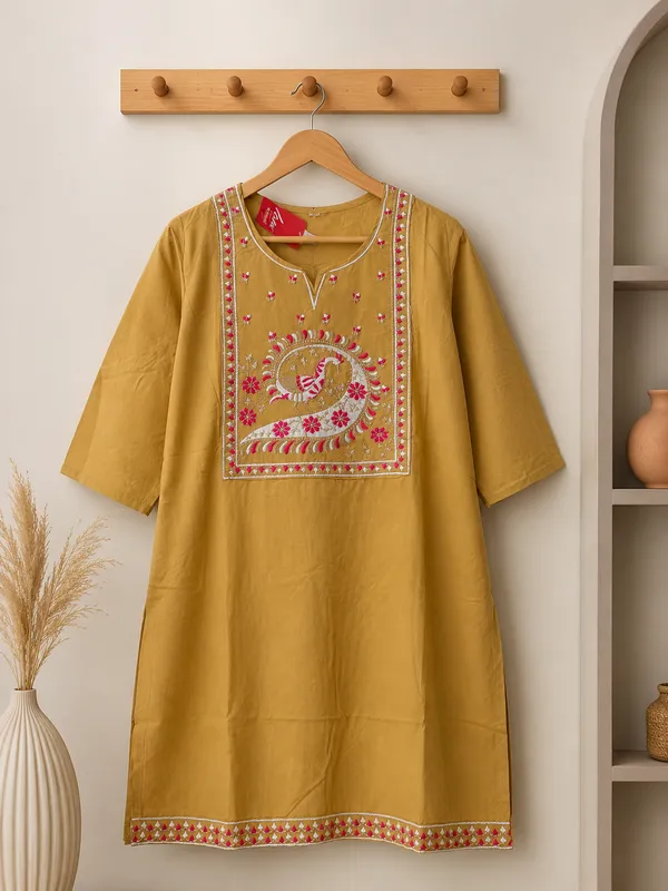Beige_Cotton_Embroidered_Short_Kurti_For_Women