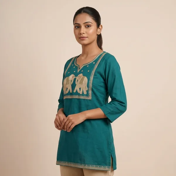 Teal_Blue_Cotton_Embroidered_Short_Kurti_For_Women