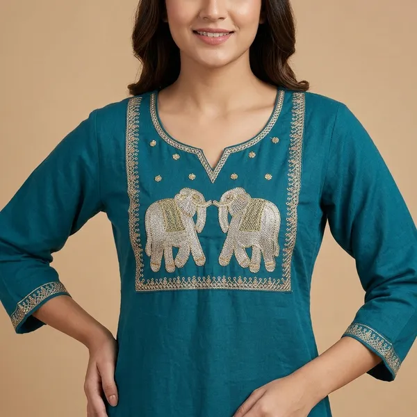 Teal_Blue_Cotton_Embroidered_Short_Kurti_For_Women