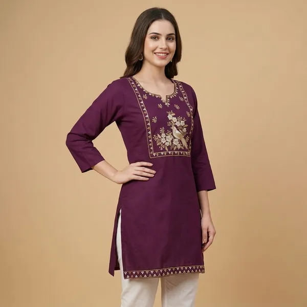 Wine_Cotton_Peacock_Embroidered_Short_Kurti_For_Women