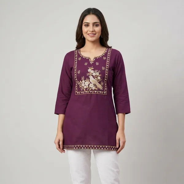 Wine_Cotton_Peacock_Embroidered_Short_Kurti_For_Women