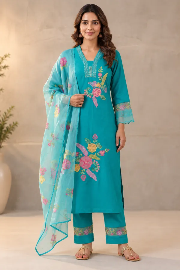 Teal_Embroidered_Straight_Kurta_Set_For_Women