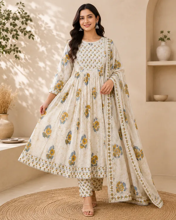 Off_White_Cotton_Floral_Print_Anarkali_Set_With_Dupatta_Pant_For_Women