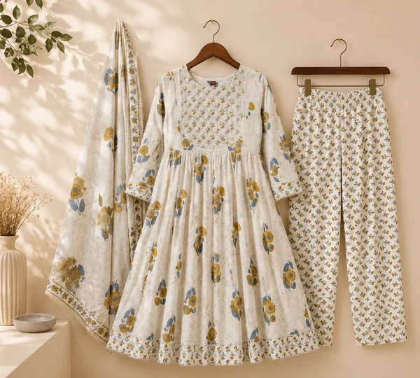 Off_White_Cotton_Floral_Print_Anarkali_Set_With_Dupatta_Pant_For_Women