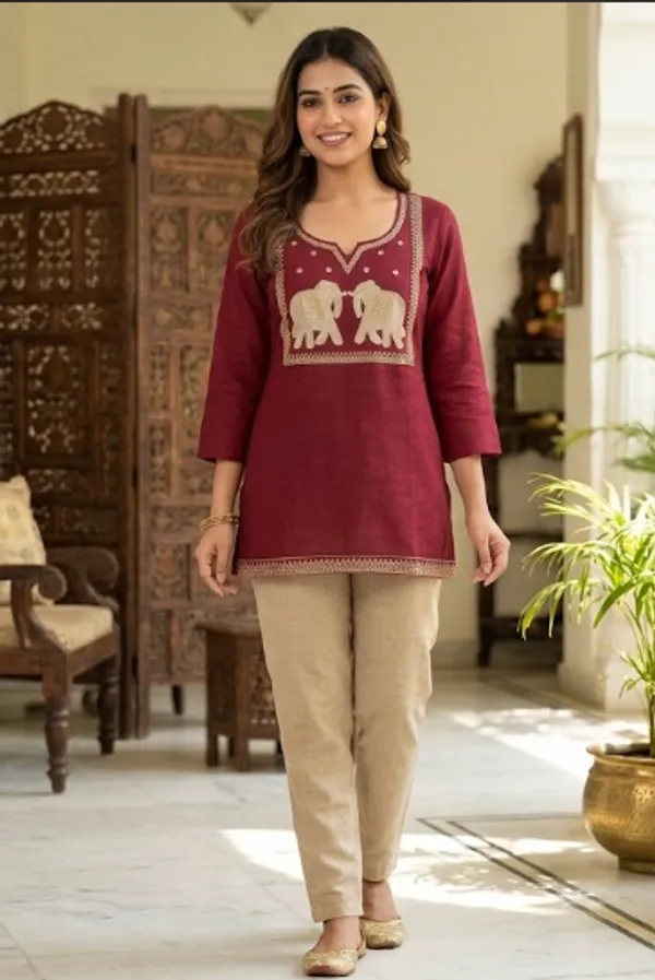 Maroon_Cotton_Embroidered_Short_Kurti_For_Women