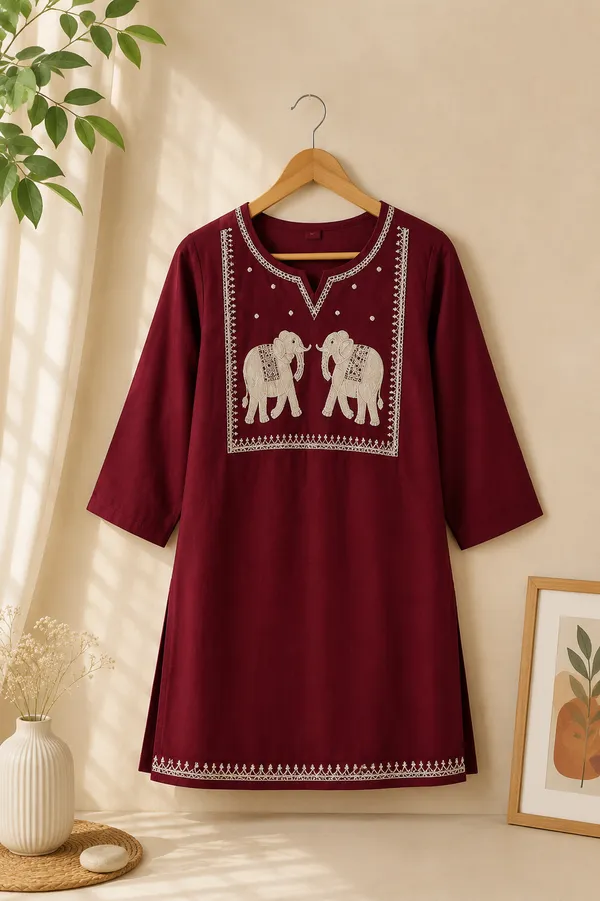 Maroon_Cotton_Embroidered_Short_Kurti_For_Women