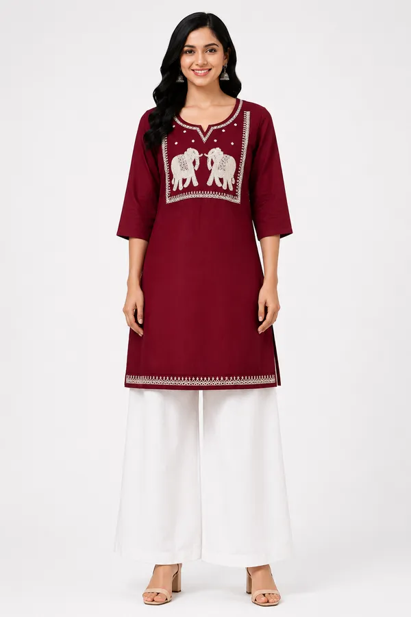Maroon_Cotton_Embroidered_Short_Kurti_For_Women
