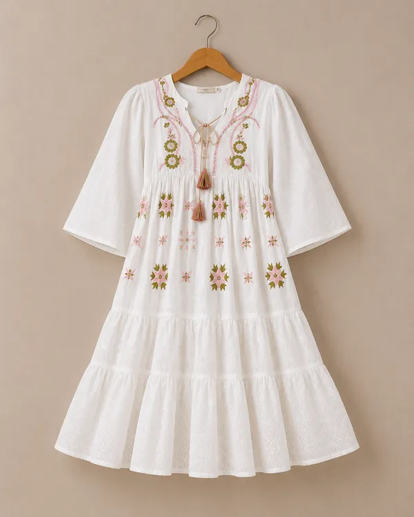White_Cotton_Floral_Embroidered_Tiered_Midi_Dress_For_Women
