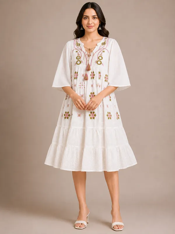 White_Cotton_Floral_Embroidered_Tiered_Midi_Dress_For_Women