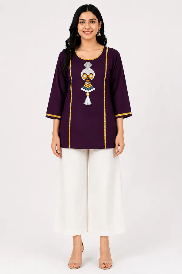 Purple_Cotton_Contrast_Piping_Short_Kurti_For_Women
