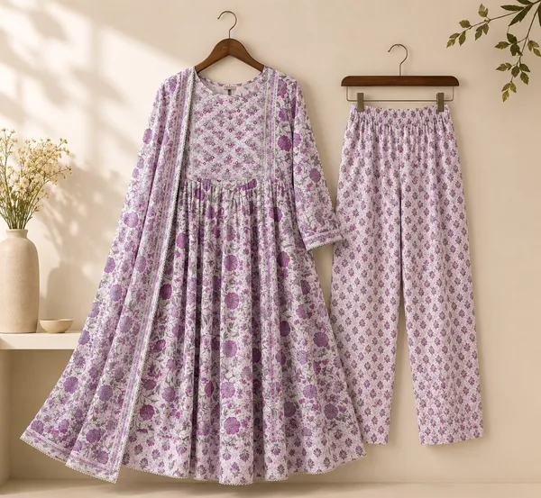 White_&_Purple_Cotton_Floral_Print_Anarkali_Set_For_Women