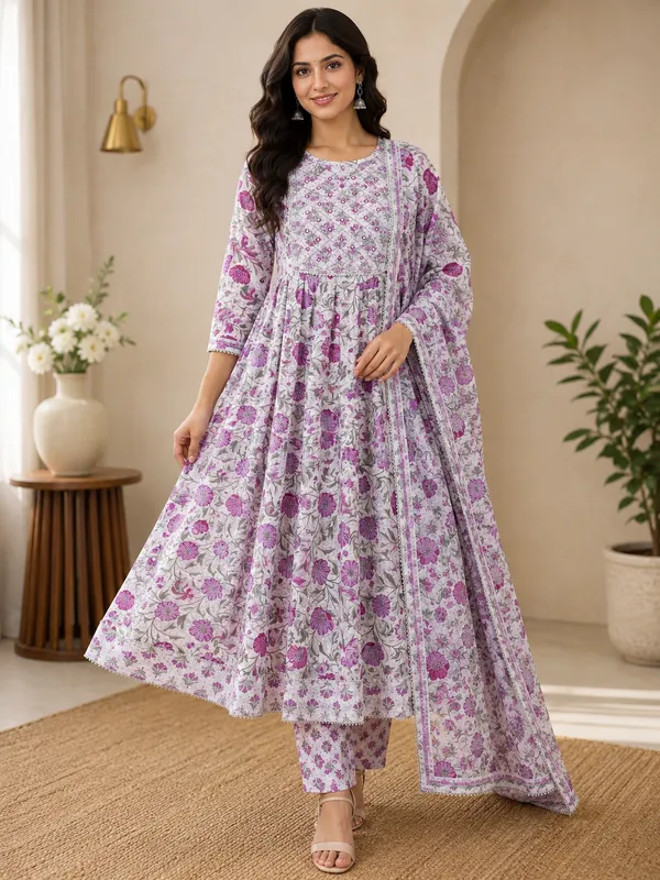 White_&_Purple_Cotton_Floral_Print_Anarkali_Set_For_Women