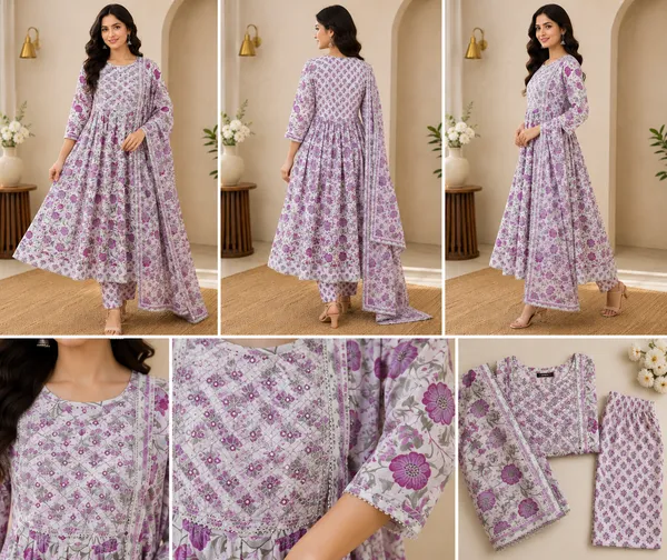 White_&_Purple_Cotton_Floral_Print_Anarkali_Set_For_Women