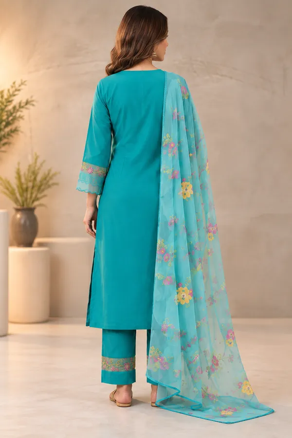 Teal_Embroidered_Straight_Kurta_Set_For_Women
