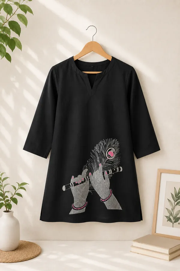 Black_Cotton_Embroidered_Krishna_Flute_Short_Kurti_For_Women
