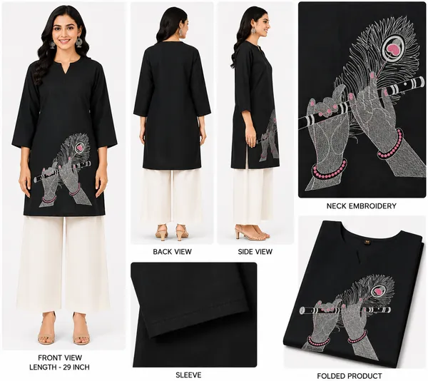 Black_Cotton_Embroidered_Krishna_Flute_Short_Kurti_For_Women