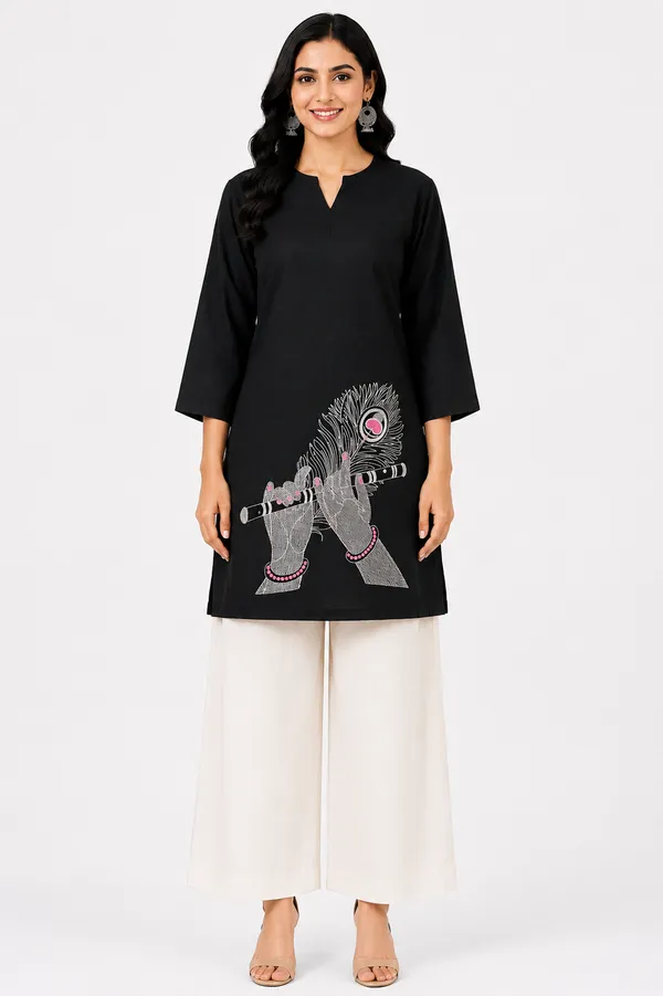 Black_Cotton_Embroidered_Krishna_Flute_Short_Kurti_For_Women