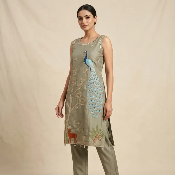 Multicolor_Cotton_Silk_Embroidered_Peacock_Motif_Kurta_Set_For_Women