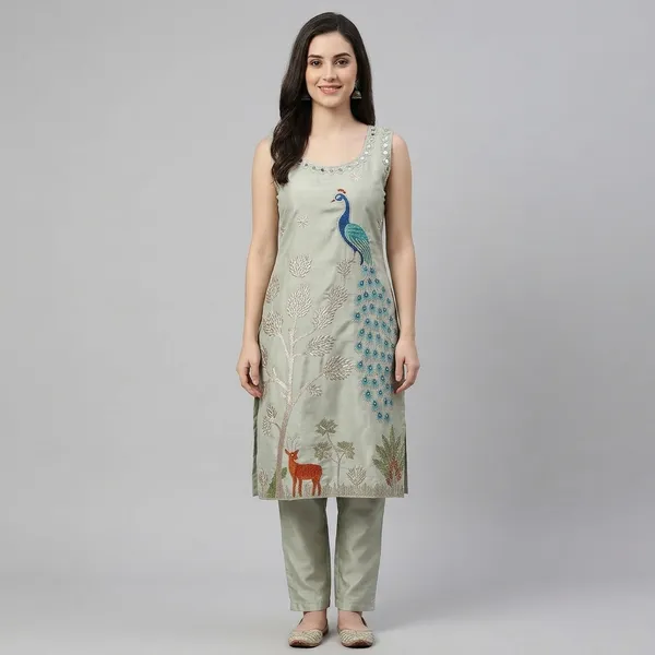 Multicolor_Cotton_Silk_Embroidered_Peacock_Motif_Kurta_Set_For_Women