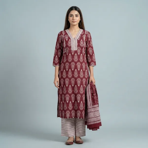 Maroon_White_Cotton_Printed_Kurta_Set_For_Women