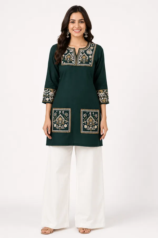 Teal_Green_Cotton_Embellished_Short_Kurti_For_Women
