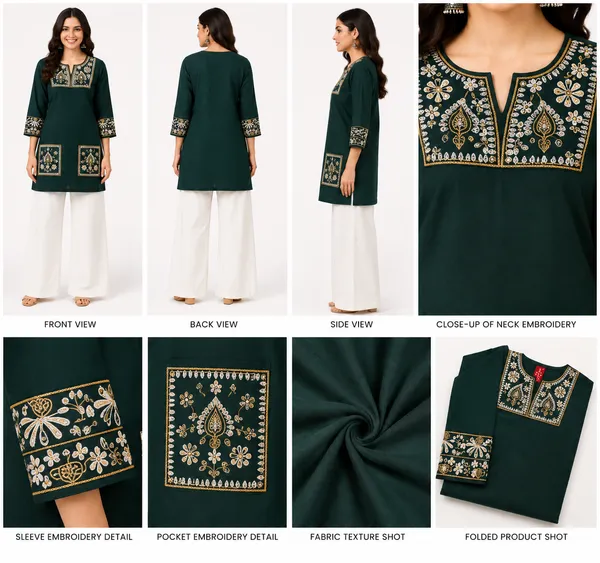 Teal_Green_Cotton_Embellished_Short_Kurti_For_Women
